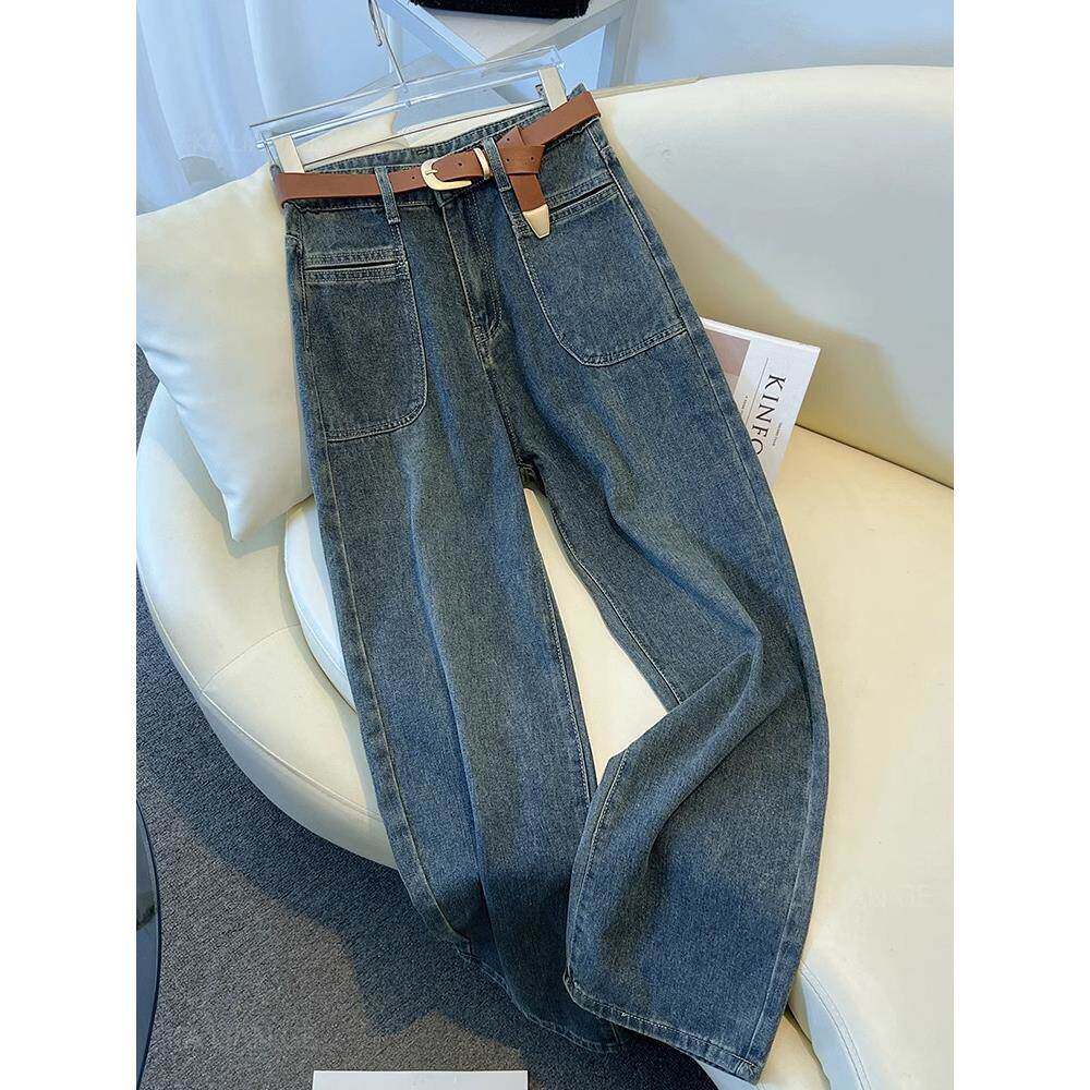 香港TIMO春季阔腿牛仔裤女款大码慵懒风宽松百搭显瘦蓝色直筒裤子