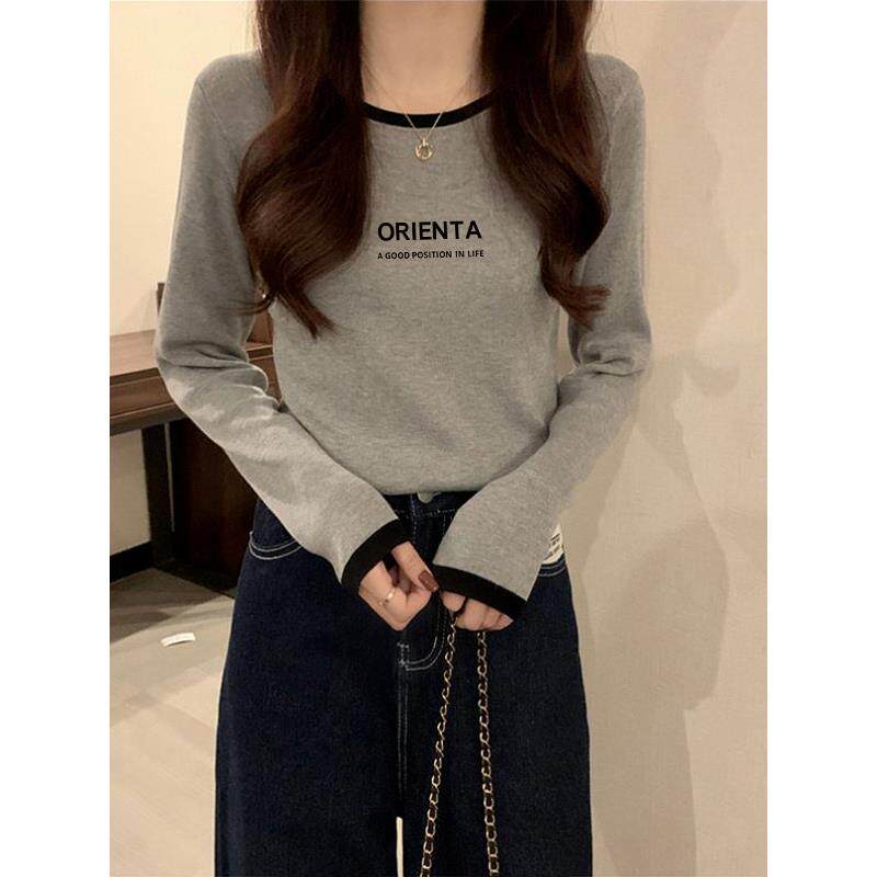 韩国正肩撞色长袖t恤女2025新款春秋百搭短款内搭修身打底衫上衣