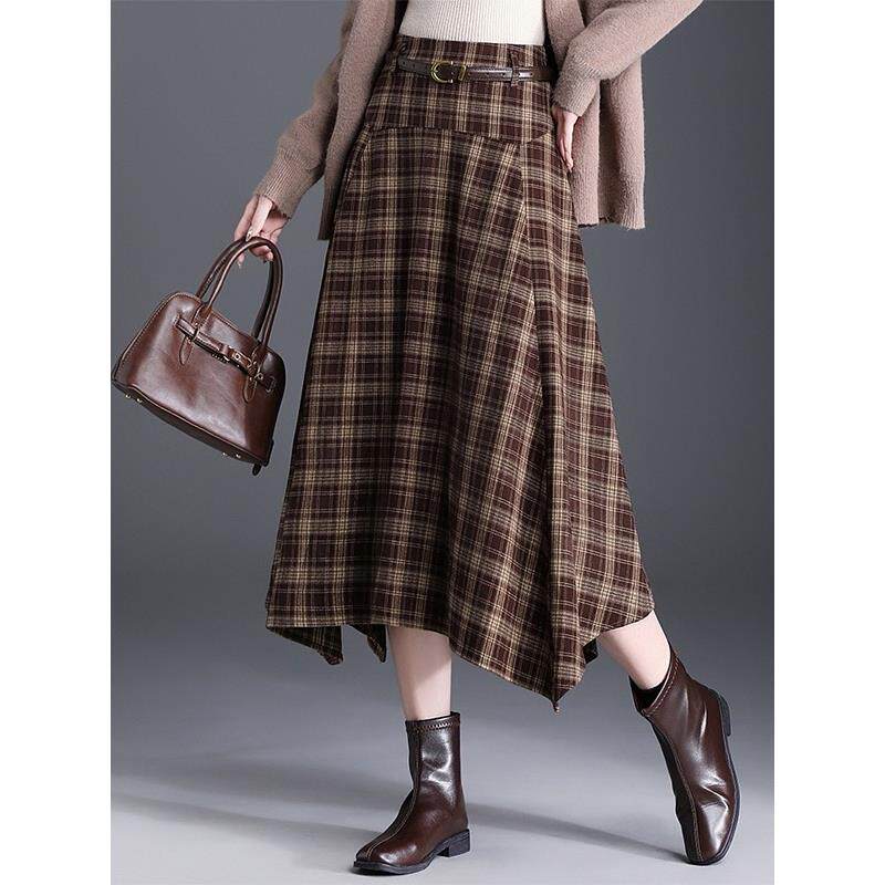 不规则格纹半身裙女2025秋冬季新款高腰a字裙中长款休闲大摆裙子