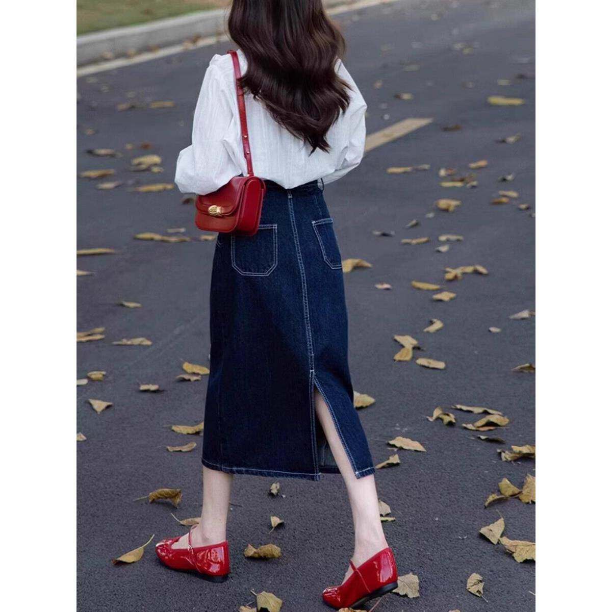 香港TIMO深蓝色牛仔半身裙女大码胖mm高腰显瘦小个子后开叉a字裙