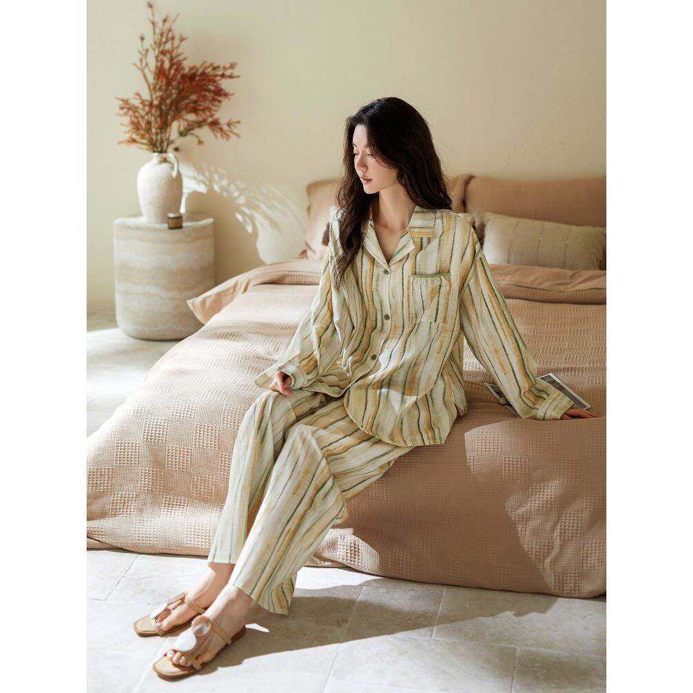 DOEO带胸垫睡衣女款春秋季长袖莫代尔家居服休闲大码条纹开衫套装