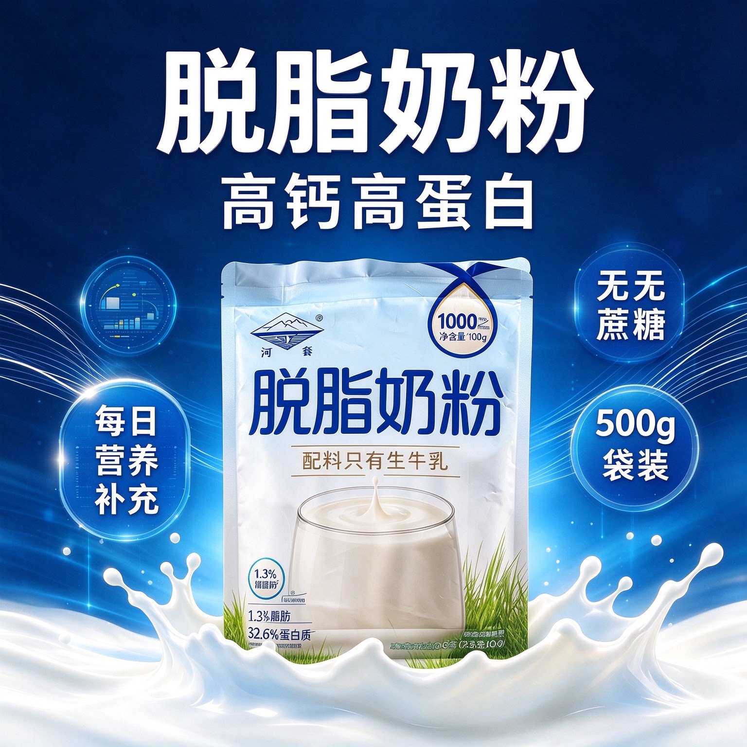 河套脱脂奶粉无糖0脂肪独立包装孕妇纯牛饱腹?低负担健身营养