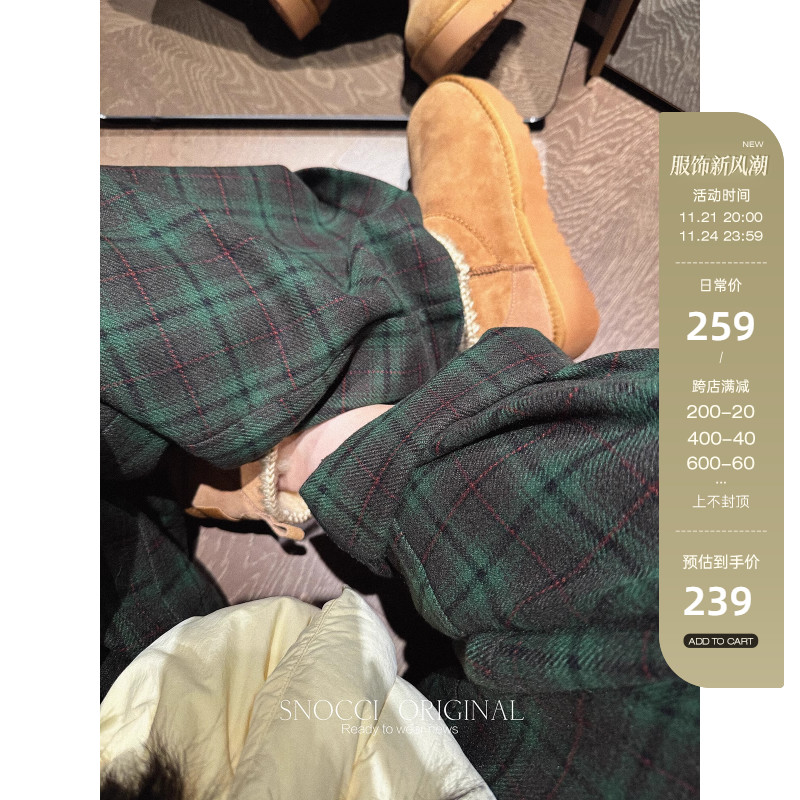 钱美西 獨家定纺艺术画家 复古绿格子 抽绳宽松直筒阔腿休闲裤女
