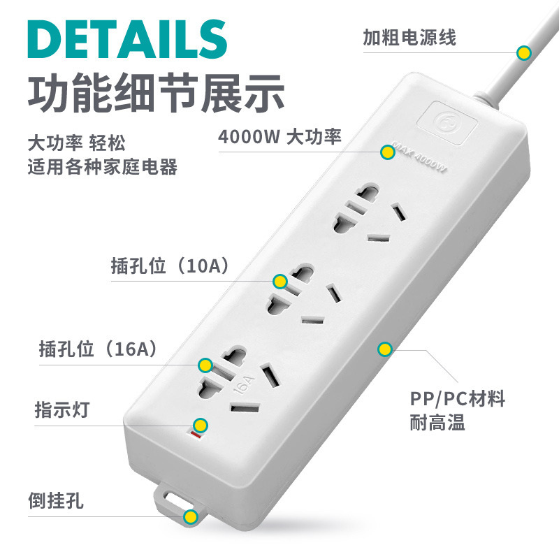 10a转16a插座面板多孔空调专用插排大三孔16a转10安大功率转换大插头带开关排插安全电源4000W插座转换器-封面