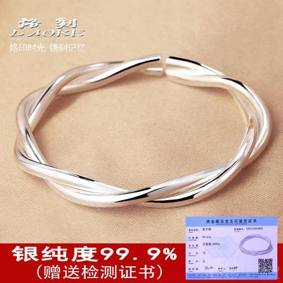 正品烙刻简古约手工银饰绞丝复麻花9银手镯女个9性时尚开口纯银镯