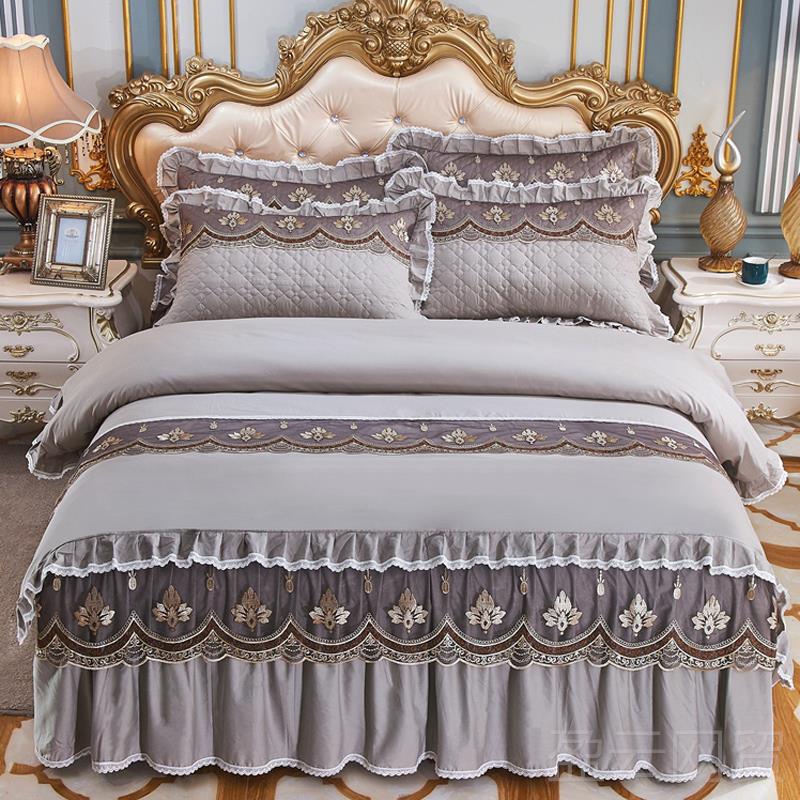 正品式欧式全棉夹棉厚床加裙款四件套蕾丝床罩纯棉荷被叶边套床上