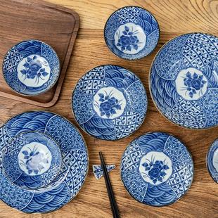 美浓烧复古青花瓷器 和风米饭碗陶瓷菜盘子 釉下彩餐具 家用日式