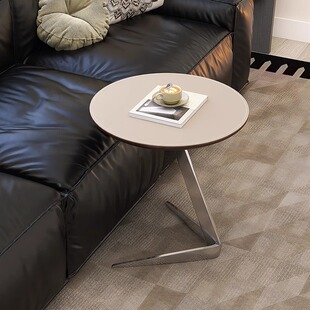 意式 客厅沙发边几高级感不锈钢小圆桌可移动马鞍皮设计师网红角几