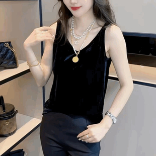 百搭打底衫 潮内搭黑色小吊带丝绒美背心女士金丝绒吊带V领背心女