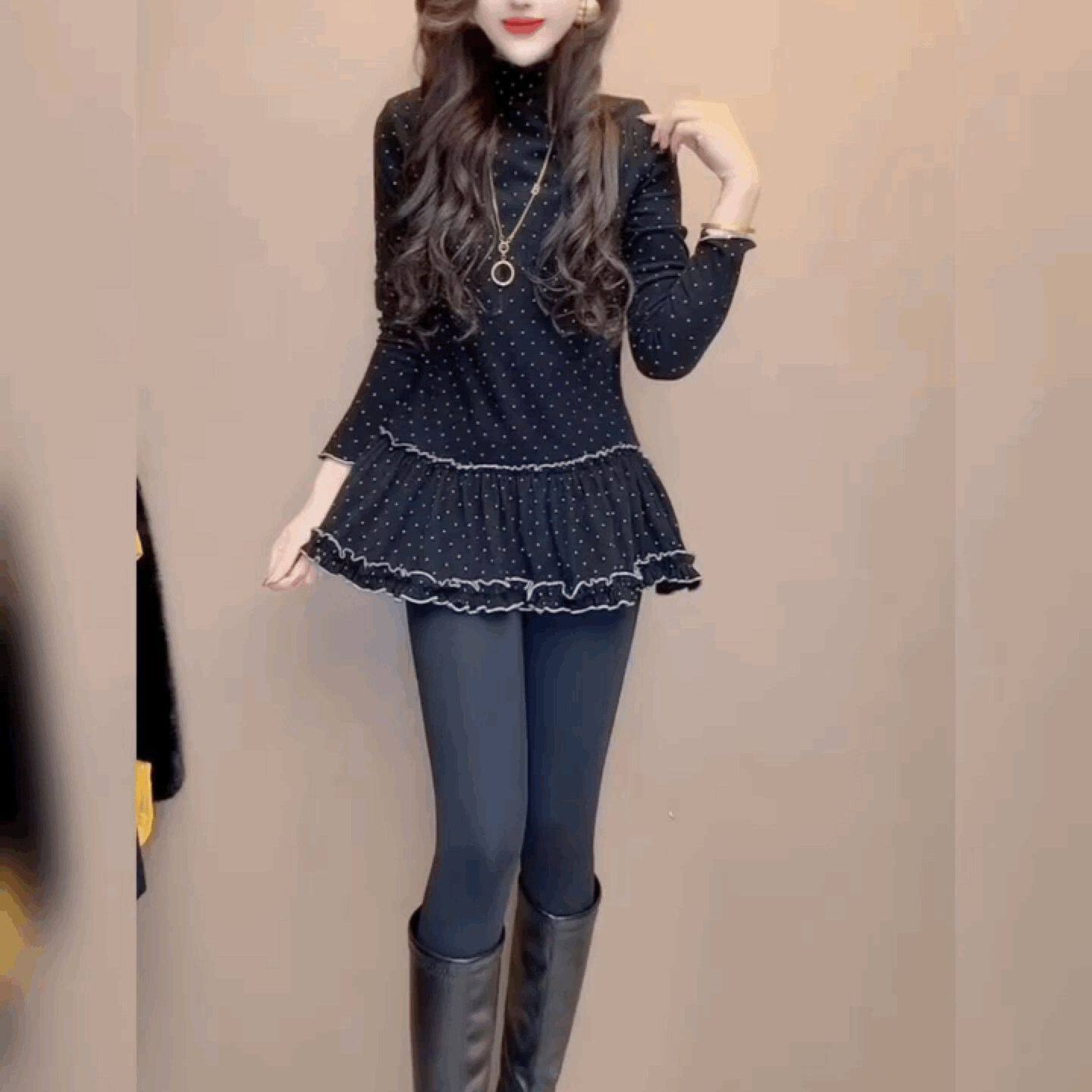 洋气波点荷叶边T恤女高领中长款遮臀黑色收腰上衣小香风打底小衫