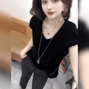 丝绒短袖V领法式黑色上衣修身显瘦轻奢打底衫串珠半袖小香风t恤女
