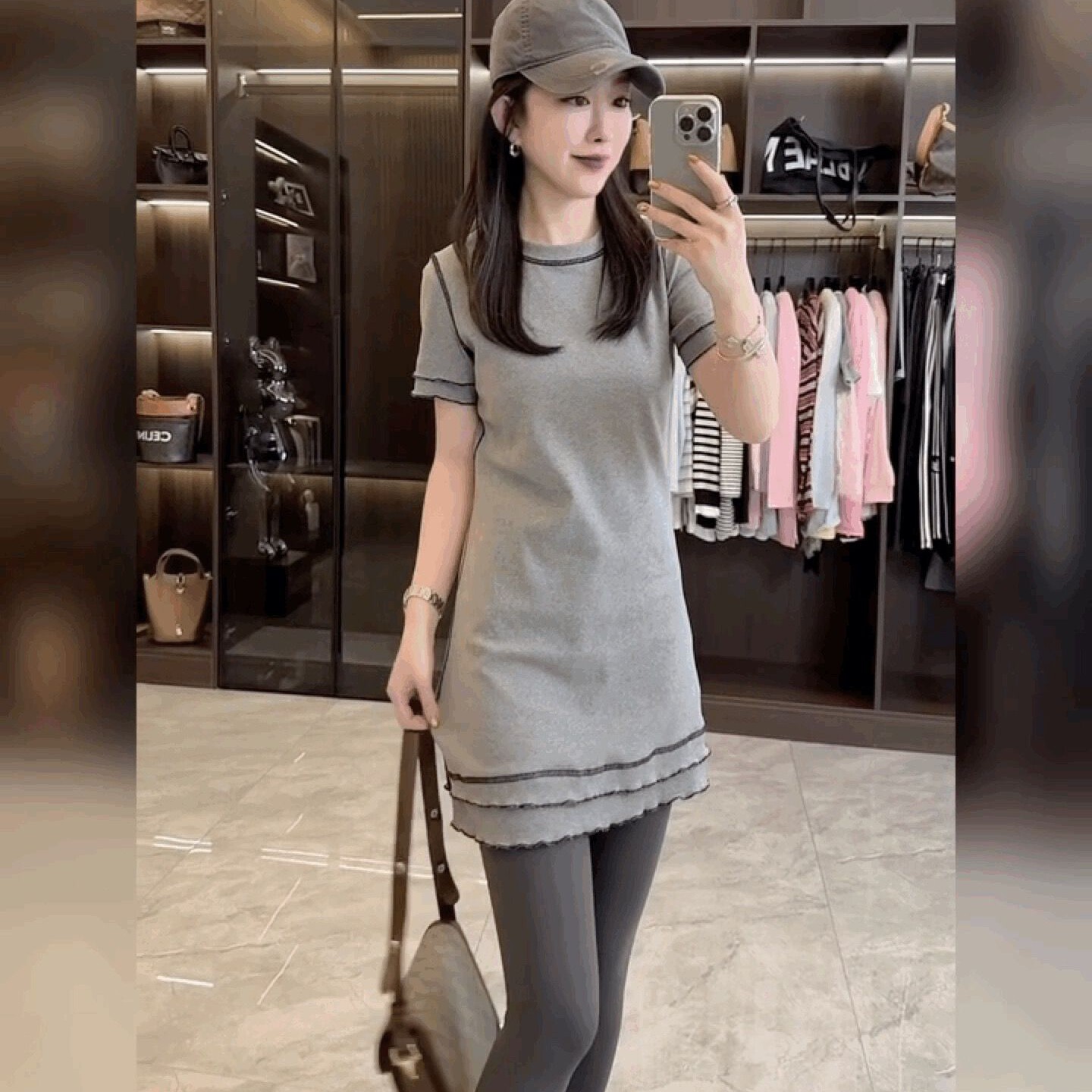 修身半袖百搭打底小衫法式圆领黑色上衣中长款遮臀短袖t恤短裙女