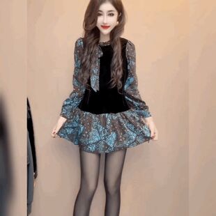 系带丝绒拼碎花雪纺衬衫 打底小衫 女 遮臀宽松上衣法式 高级感中长款