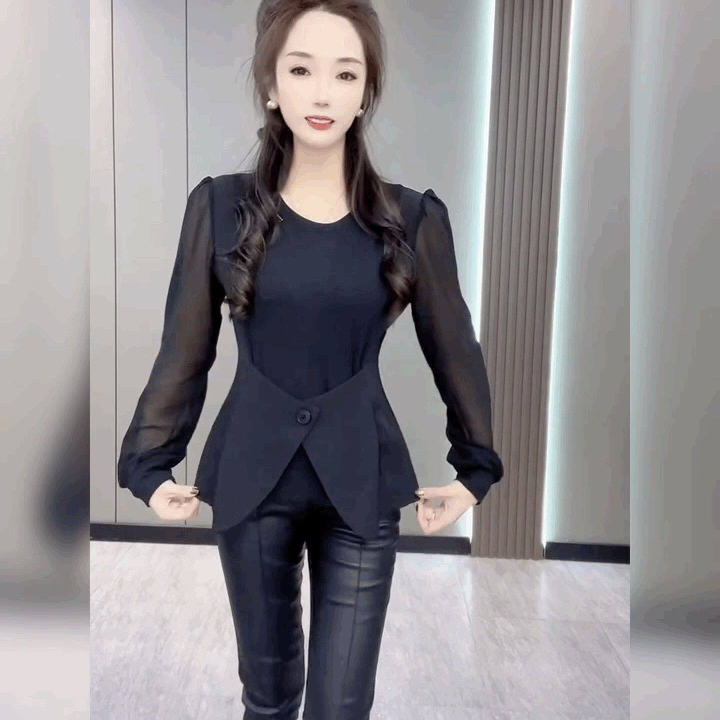 灯笼长袖时尚T恤小衫女装圆领黑色法式上衣西装马甲假两件打底衫