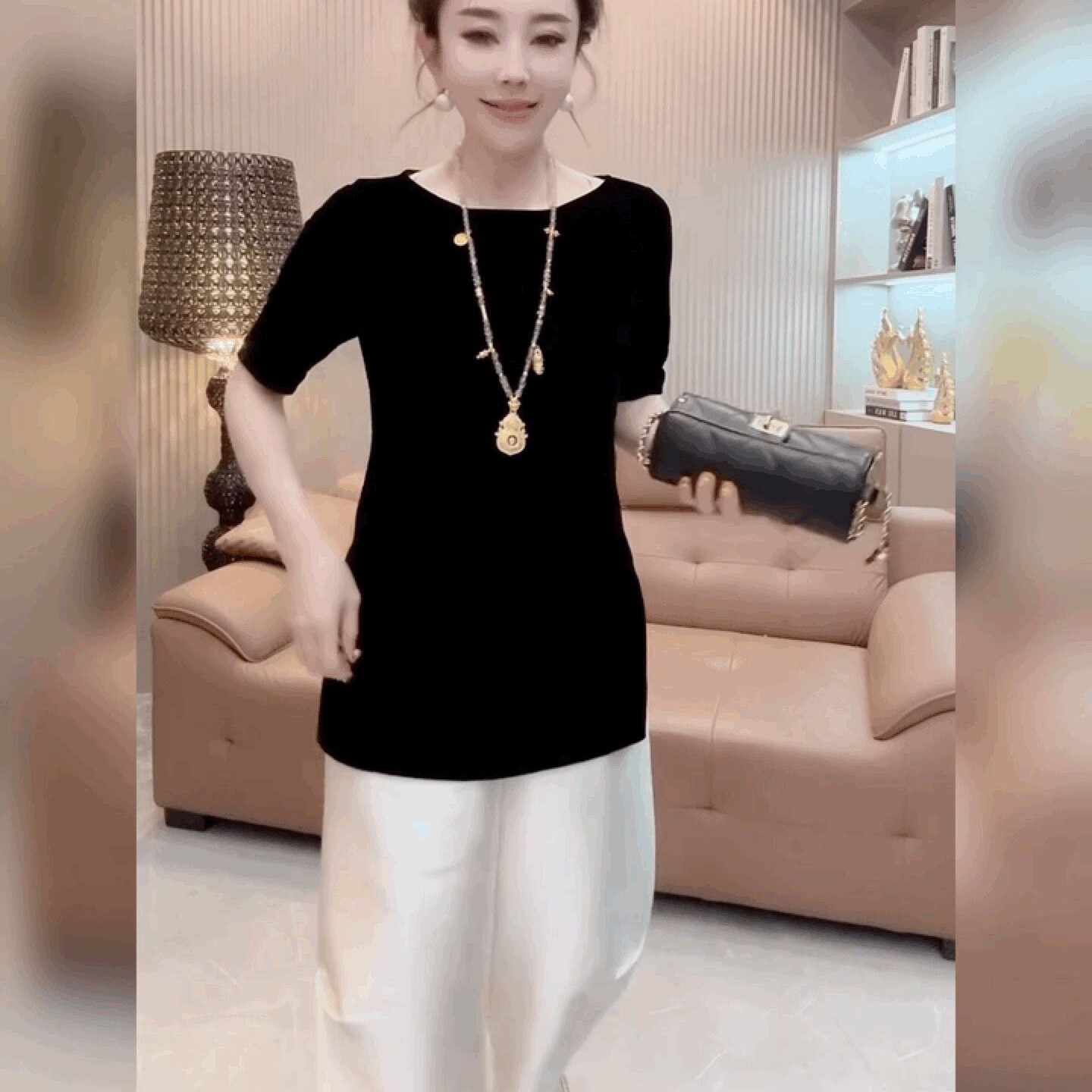 法式圆领上衣女简约修身显瘦打底衫时尚黑色丝绒短袖T恤衫女半袖
