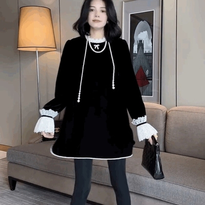 高端轻奢中长款丝绒T恤大衫女