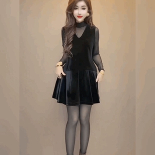 法式高级感时尚连衣裙套装女气质马甲丝绒裙网纱T恤打底衫两件套
