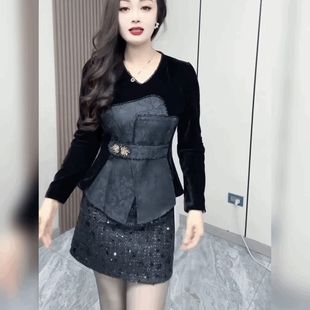 黑色收腰上串珠打底衫 复古醋酸雪纺拼接丝绒T恤衬衫 女V领轻奢法式