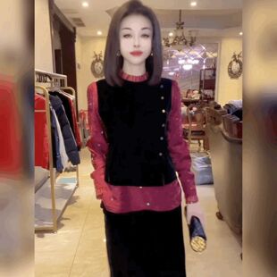 雪纺拼丝绒假两件衬衫女时尚轻奢遮肉T恤打底衫立领法式黑色上衣