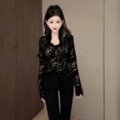 女修身 法式 复古V领加绒蕾丝打底衫 显瘦百搭上衣性感辣妹风气质T恤