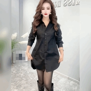 黑色中长款遮臀上衣宽松百搭气质法式衬衣慵懒风翻领POLO领衬衫女