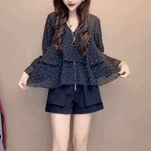 V领黑色波点上衣喇叭袖荷叶边雪纺衫法式设计感很仙的雪纺衬衫女