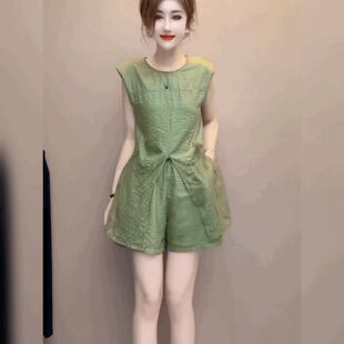 时尚法式雪纺背心短裤套装女中长款无袖上衣松紧腰短裤法式两件套