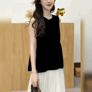法式小香风精致钉珠黑色丝绒背心女无袖显瘦圆领上衣砍袖T恤小衫