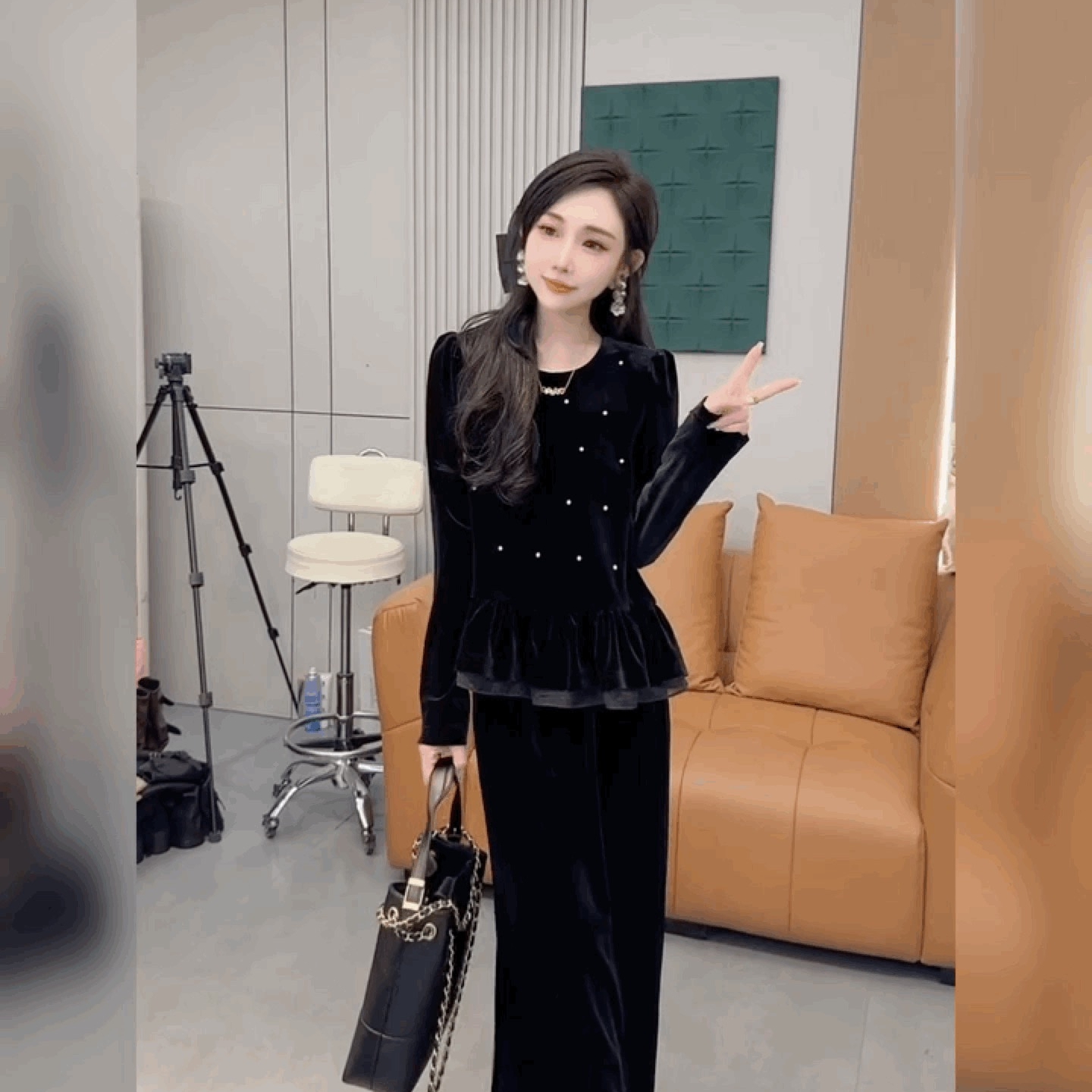 法式荷叶边丝绒修身T恤打底衫女