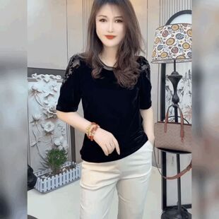 丝绒拼接蕾丝植绒泡泡袖T恤女短袖圆领打底衫高级感黑色法式上衣