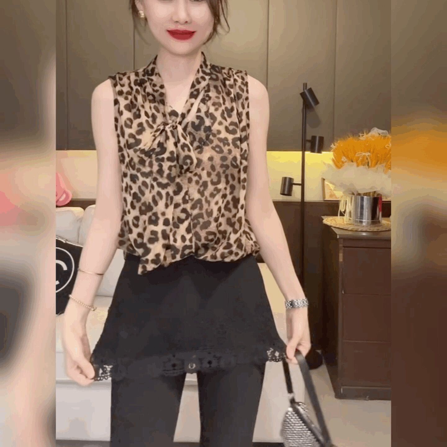 名媛雪纺豹纹无袖T恤背心女气质时尚高级感打底衫法式系带上衣潮