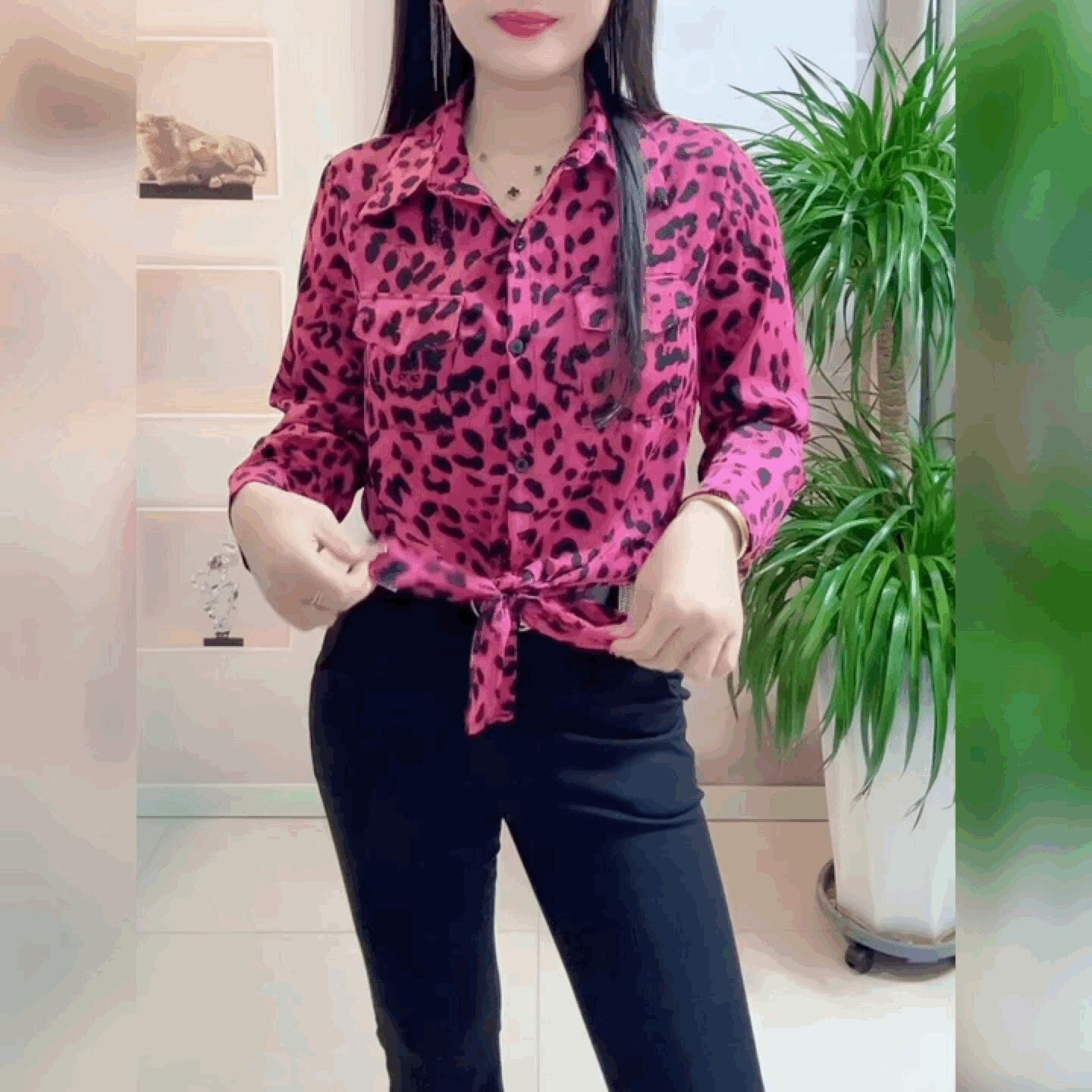 洋气百搭玫粉色豹纹雪纺衬衫女高级感系带衬衣POLO领法式宽松上衣