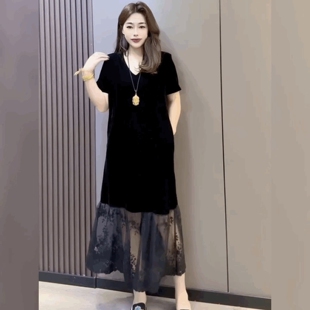 法式V领丝绒拼接蕾丝短袖过膝长裙女轻熟风宽松黑色鱼尾裙连衣裙