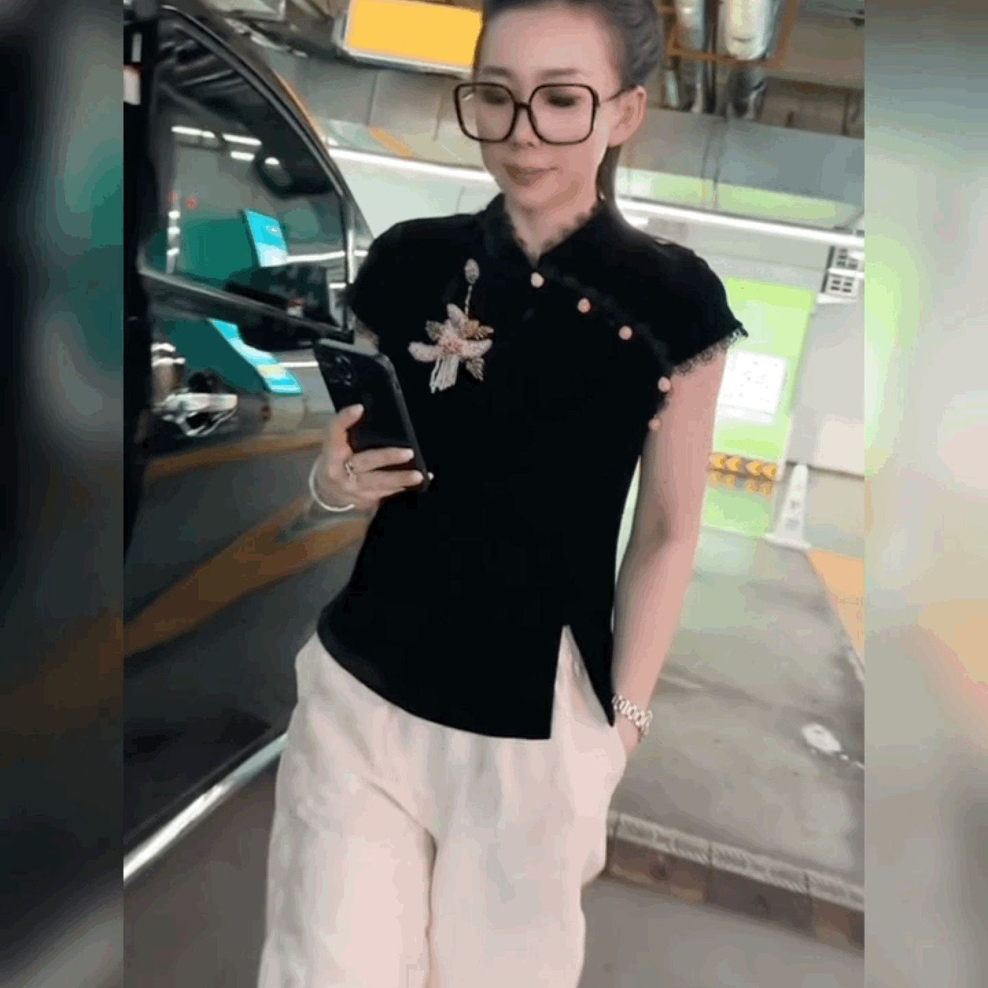国风丝绒蕾丝边短袖立领T恤衬衫图片