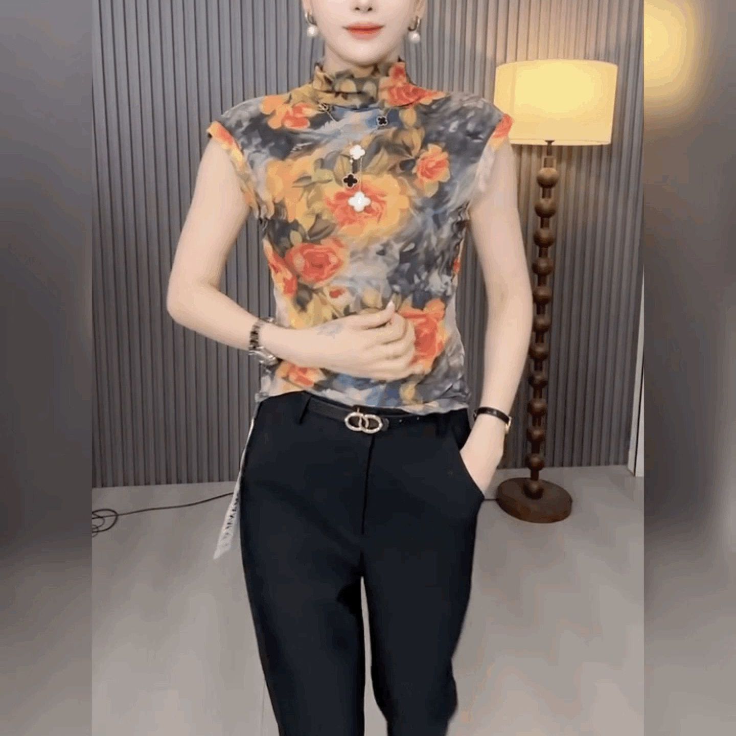 法式无袖修身上衣设计感半高领坎袖T恤小衫碎花蕾丝网纱打底衫女