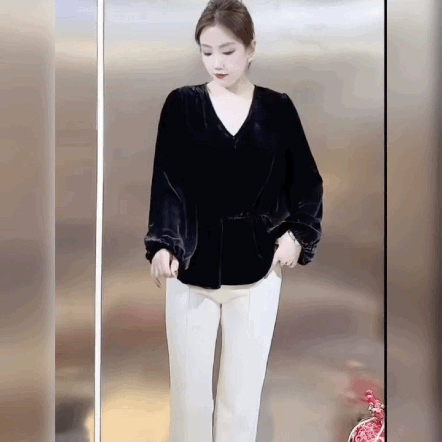 灯笼袖丝绒法式网红黑色上衣女高级感轻奢打底衫V领长袖衬衫T恤衫