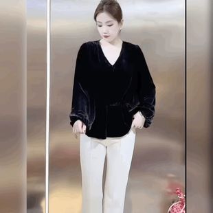 灯笼袖丝绒法式网红黑色上衣女高级感轻奢打底衫V领长袖衬衫T恤衫