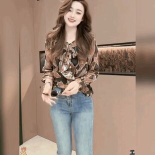 衬衫 复古碎花雪纺V领长袖 女 法式 洋气宽松系带复古上衣荷叶边小衫