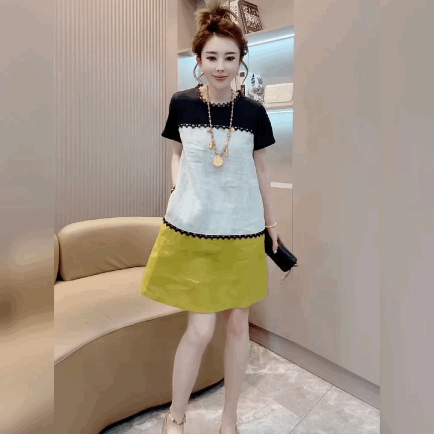 显瘦撞色拼接百搭裙子法式