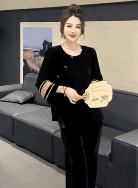 新中式金丝绒黑色唐装上衣中国风复古丝绒衬衫女设计感亮片打底衫