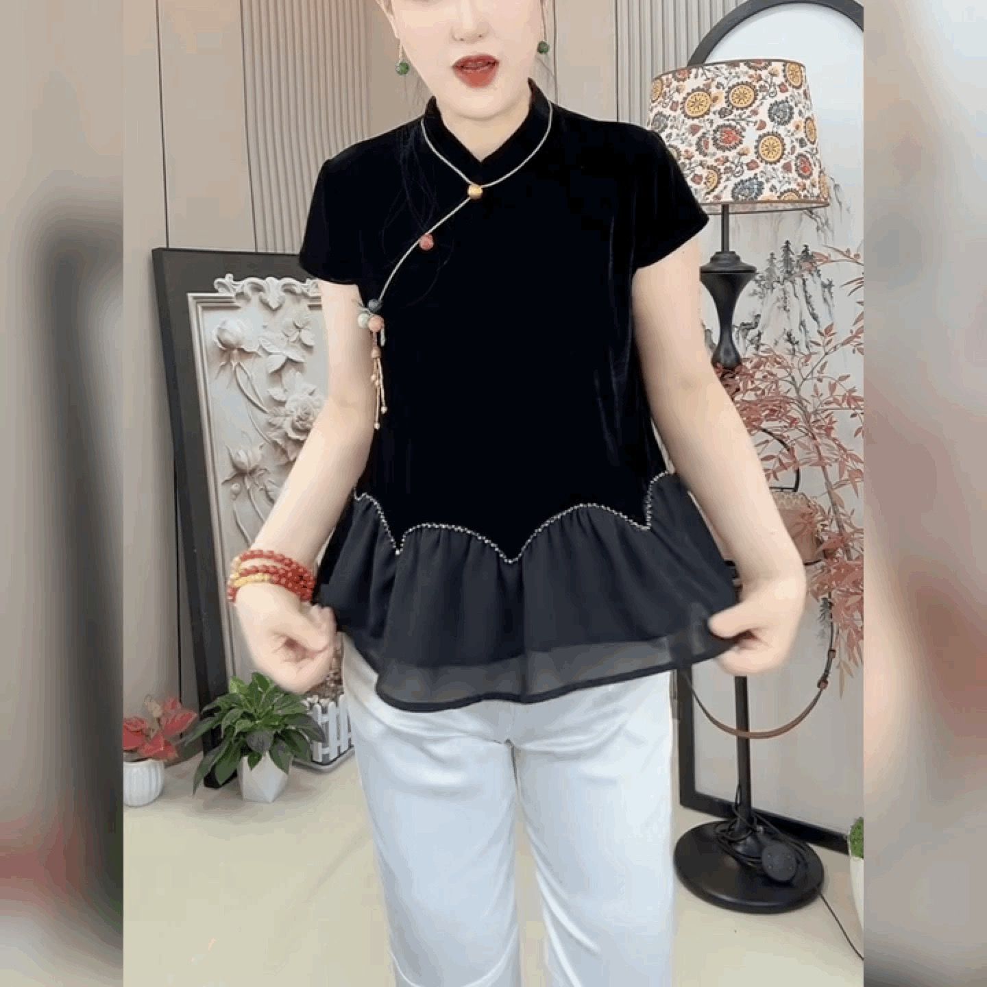 复古丝绒短袖立领T恤衬衫女轻奢黑色法式上衣雪纺荷叶边打底衫潮