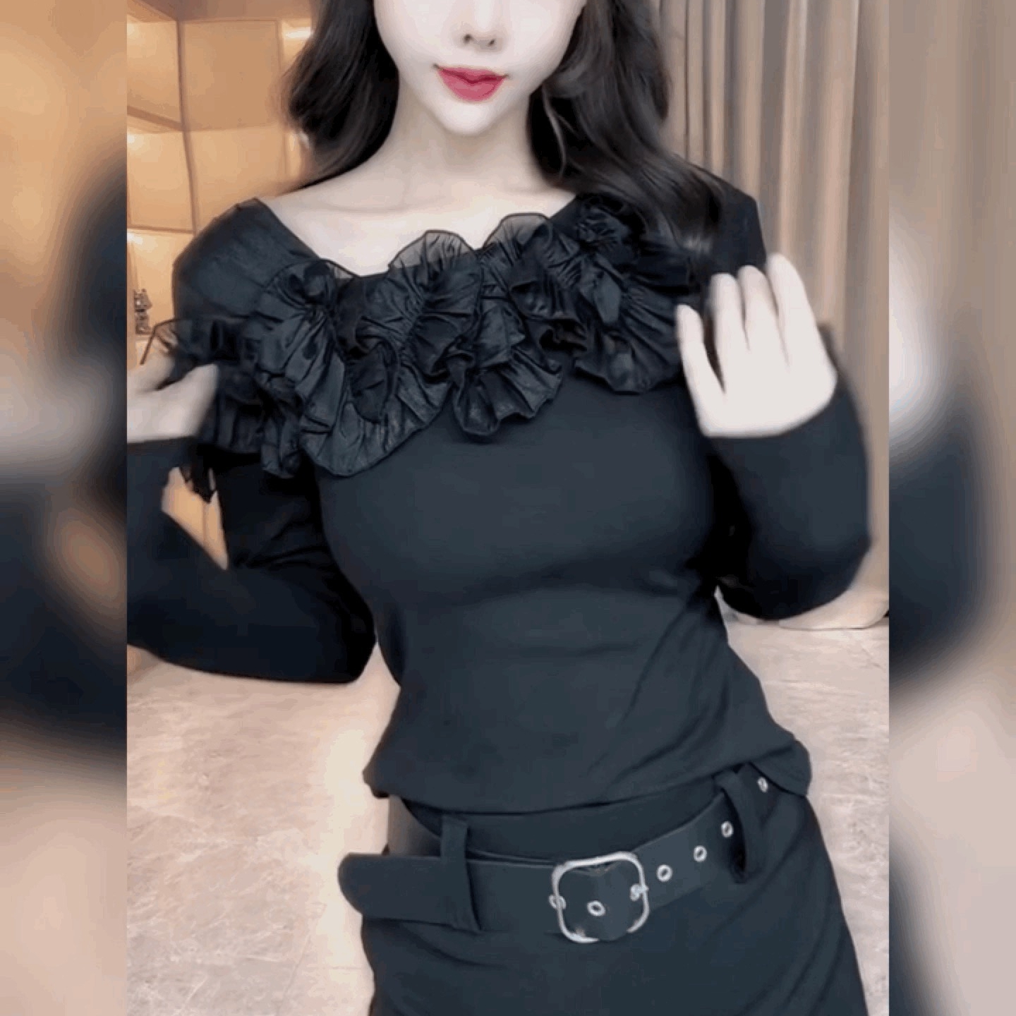 立体花朵斜V领长袖T恤女潮