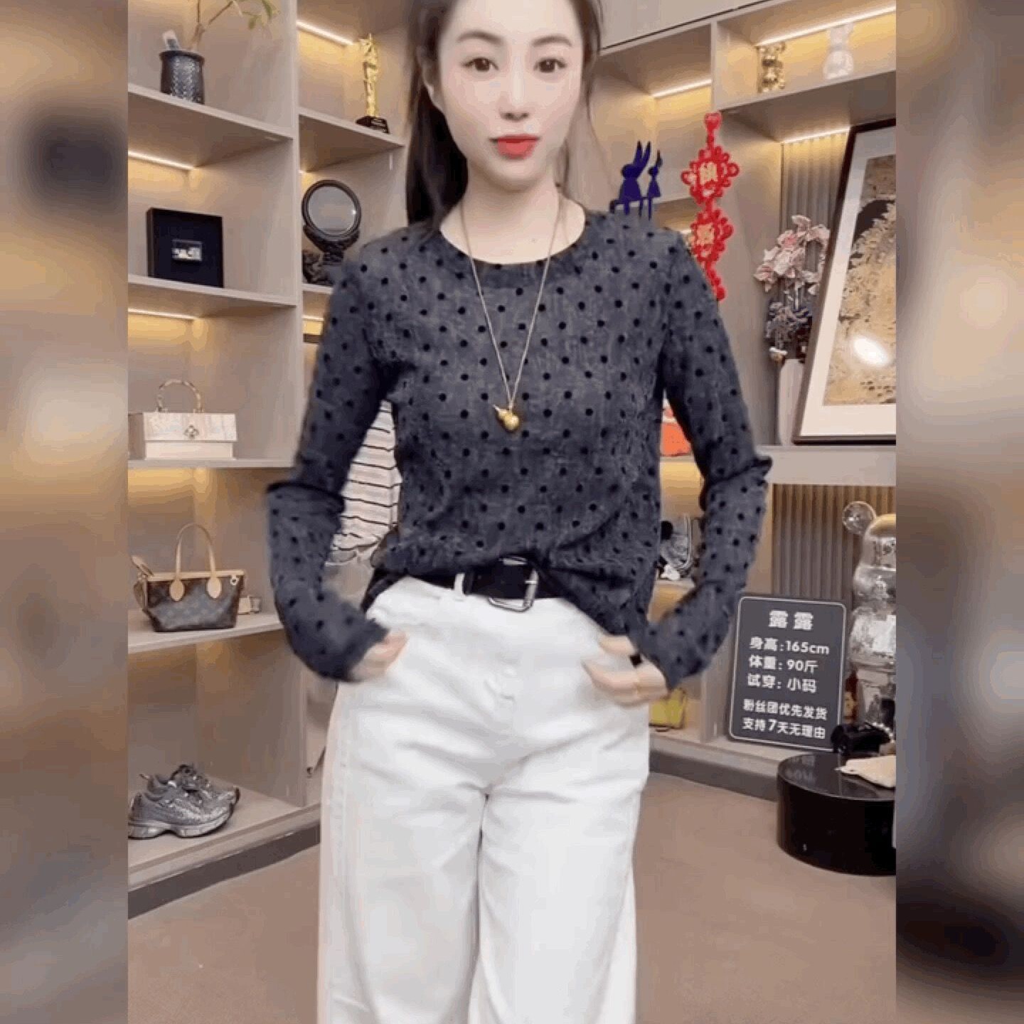 修身百搭打底衫长袖洋气法式黑色上衣圆领波点植绒蕾丝网纱T恤女