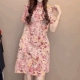 碎花立领盘扣改良旗袍裙粉色裙子高端轻奢中国风短袖 雪纺连衣裙女
