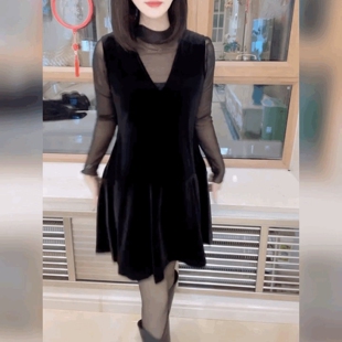 法式高级感时尚连衣裙套装女遮肉马甲丝绒裙网纱T恤打底衫两件套