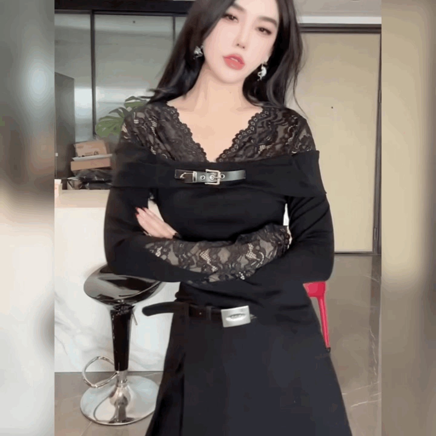 镂空性感打底小衫法式黑色上衣