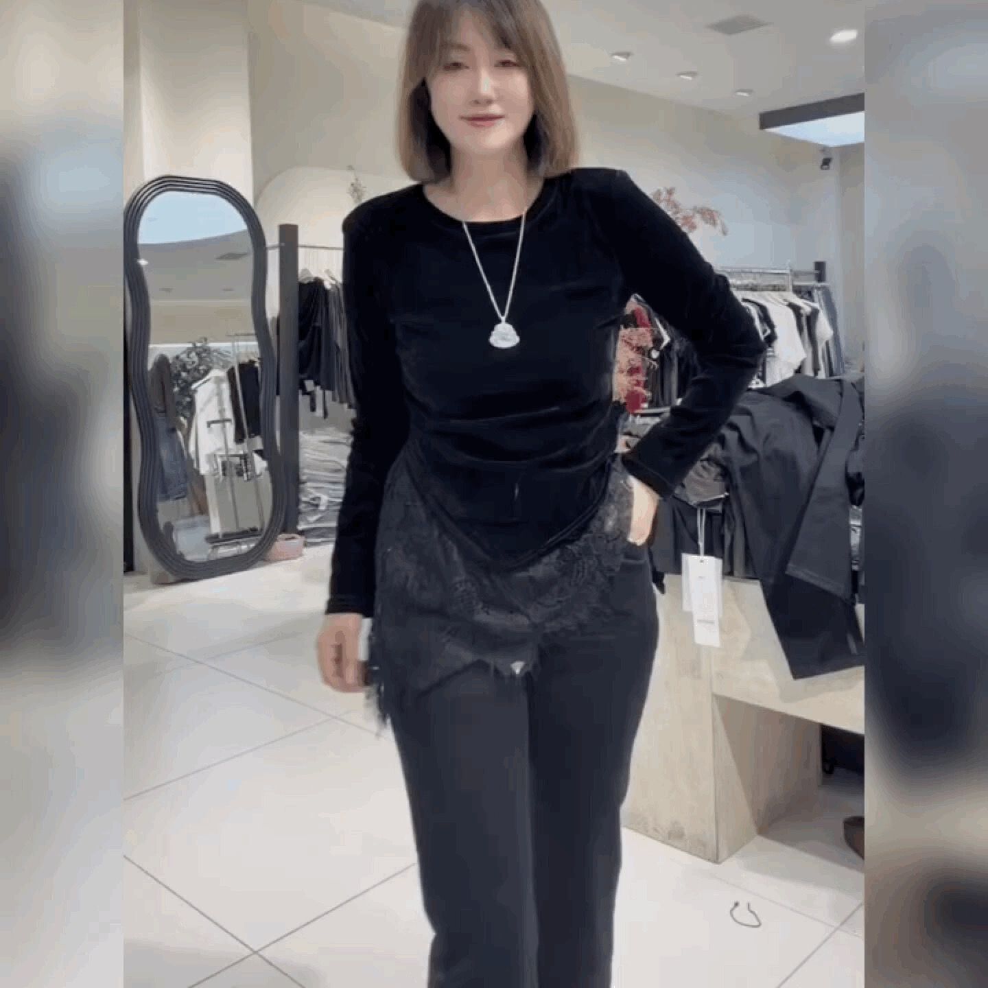 不规则圆领长袖修身打底法式上衣图片