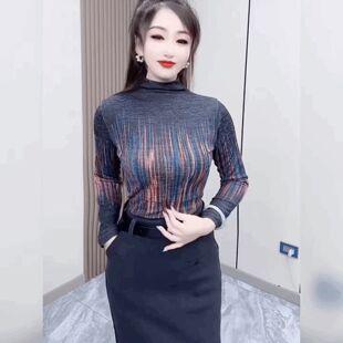 法式复古晕染T恤小衫女内搭高领竖条纹灰色上衣修身显示打底衫潮