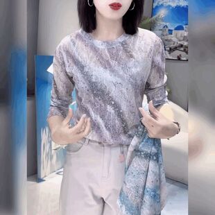 紫色扎染蕾丝网纱长袖T恤女薄款宽松罩衫防晒空调打底衫圆领上衣
