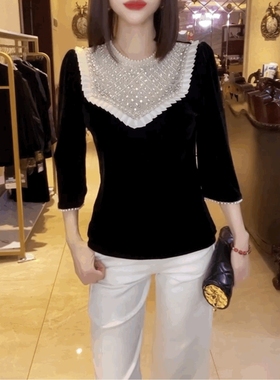 气质修身金丝绒黑色上衣小香风打底衫宫廷风重工钉珠丝绒T恤衫女